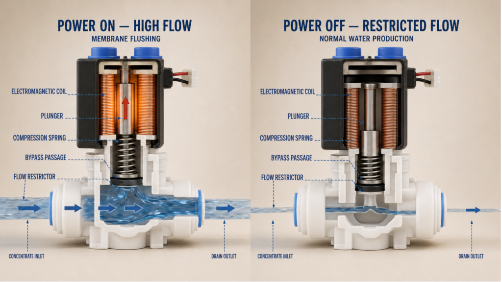 RO wastewater solenoid valve during flushing and normal filtration