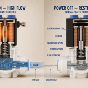 RO wastewater solenoid valve during flushing and normal filtration