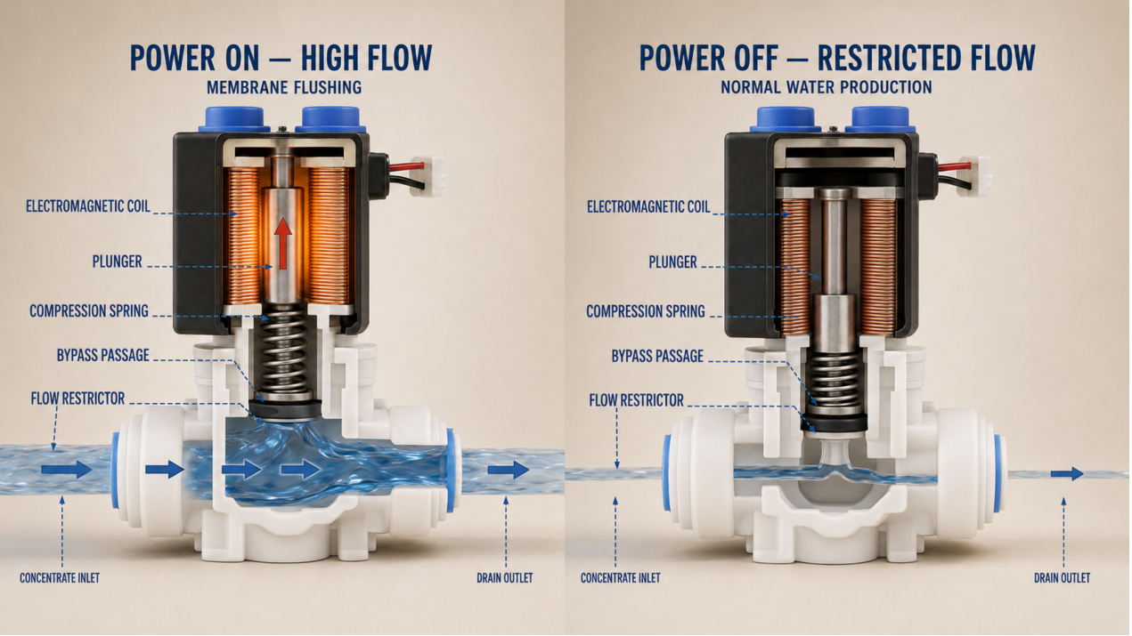 RO Water Purifier Solenoid Valve: Types & Functions | Jeefy - Water Purifier Manufacturer in China - Jeefy RO wastewater solenoid valve during flushing and normal filtration