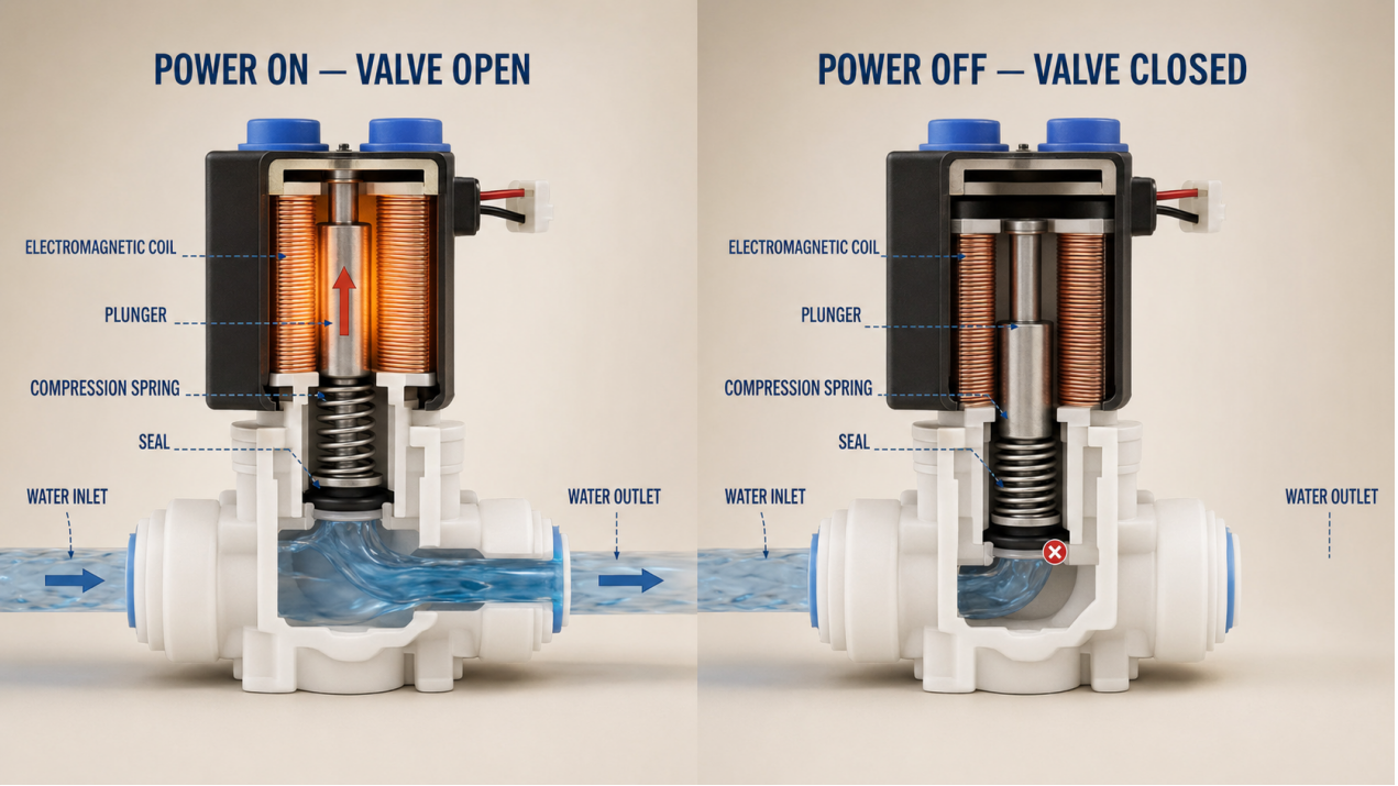 RO Water Purifier Solenoid Valve: Types & Functions | Jeefy - Water Purifier Manufacturer in China - Jeefy RO water purifier inlet solenoid valve in open and closed positions