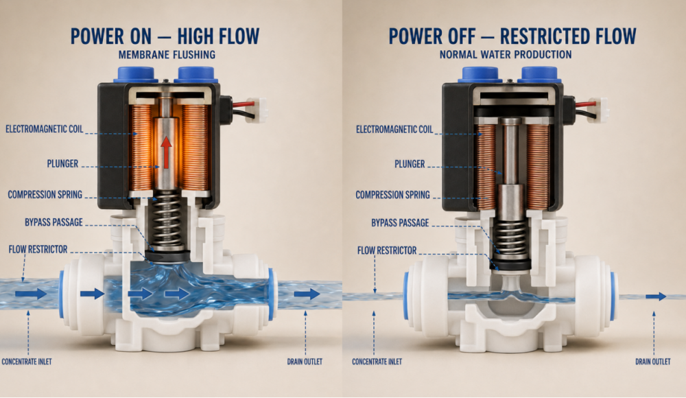 RO wastewater solenoid valve during flushing and normal filtration